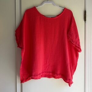 Eileen Fisher Organic Cotton Double Gauze Boxy Top Coral Red Plus Size 3X
